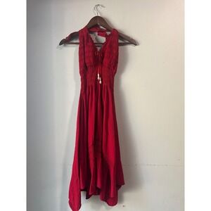 Red Crochet Halter Smocked Waist Handkerchief Hem Boho Midi Dress
